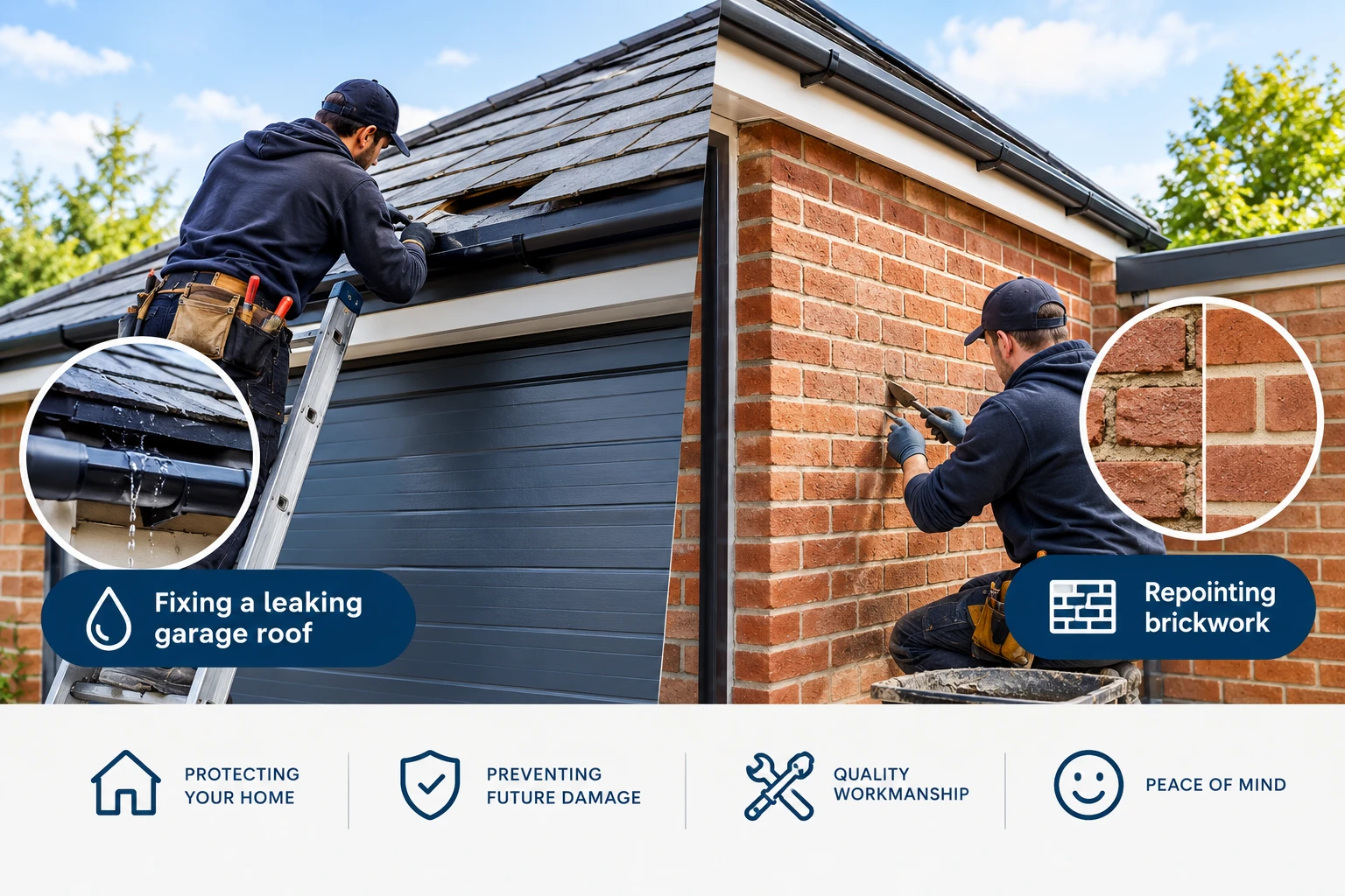 Garage roof repair and brickwork repointing