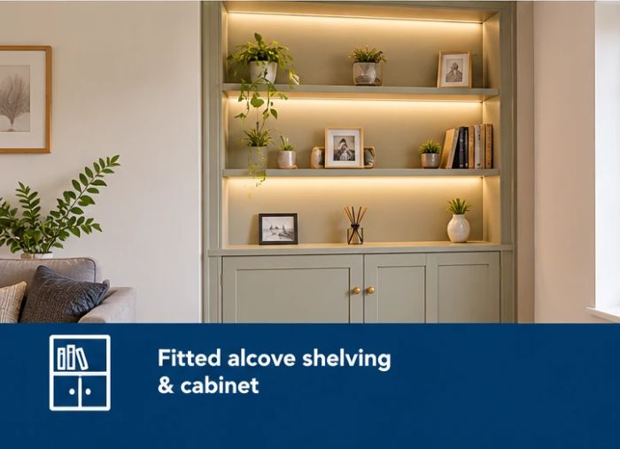 Fitted alcove shelving and cabinet